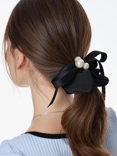 L’OMBRILLANT Pearl Ribbon Scrunchie [Black]