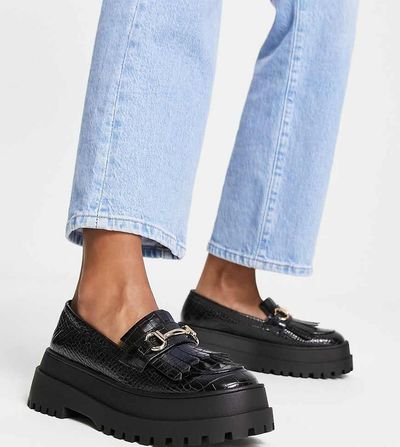 London Rebel Leather Wide Fit London Rebel wide fit snaffle apron loafer in black croc
