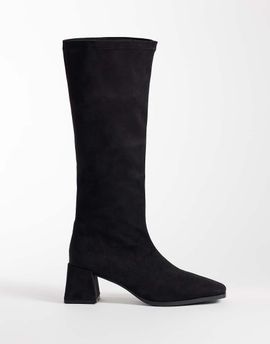 London Rebel London Rebel Angela faux suede stretch block heeled knee boots in black
