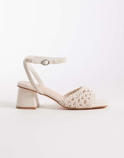 London Rebel London Rebel Anita block heeled woven sandals in cream-White