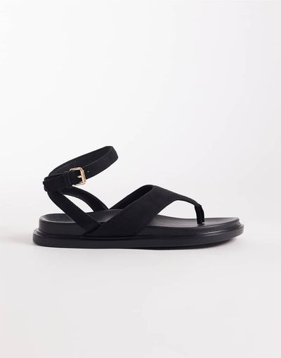 London Rebel London Rebel Anya thong sandals with ankle strap and buckle detail in black micro
