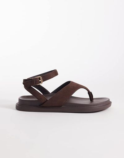 London Rebel London Rebel Anya thong sandals with ankle strap and buckle detail in choc micro-Brown