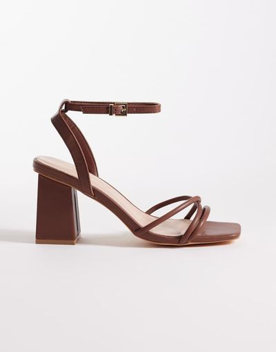 London Rebel London Rebel Ash strappy mid block heeled sandals in chocolate-Brown