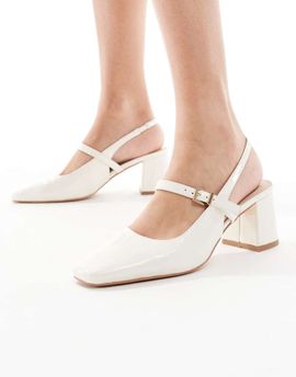 London Rebel London Rebel Camila buckle detail slingback mid heeled sandals in cream-White