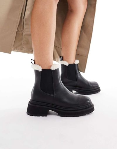 London Rebel London Rebel Emma teddy lined chunky chelsea boots in black