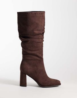 London Rebel London Rebel Jodie faux suede slouchy block heel boots in chocolate-Brown