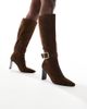 London Rebel London Rebel Leah kitten heel knee boots with buckle detail in chocolate-Brown - 1