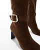 London Rebel London Rebel Leah kitten heel knee boots with buckle detail in chocolate-Brown - 3