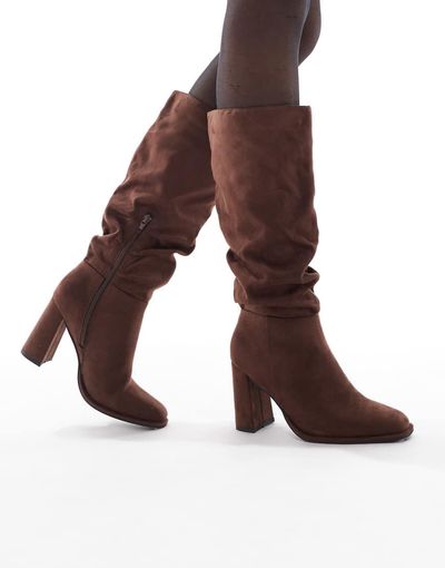 London Rebel London Rebel Maggie slouchy block heel boots in chocolate-Brown