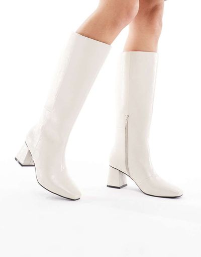 London Rebel London Rebel Nova block heeled knee boots in cream-White