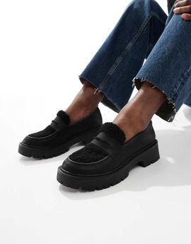 London Rebel London Rebel Olivia contrast teddy fur chunky loafers in black