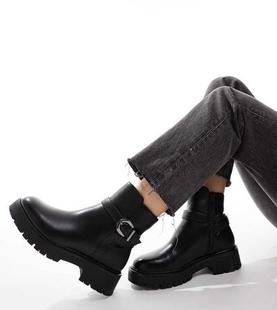 London Rebel Wide Fit London Rebel Billie wide fit chunky ankle boots with buckle in black