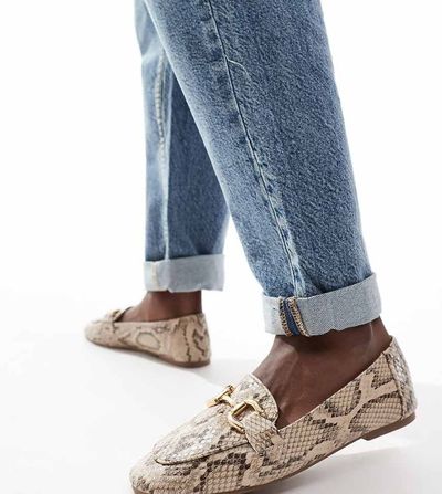London Rebel Wide Fit London Rebel Nori wide fit snaffle trim flat shoes in snake-Multi