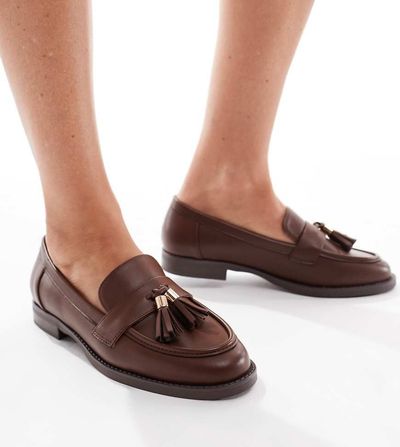 London Rebel Wide Fit London Rebel Wide Fit Amelia tassel penny loafers in brown