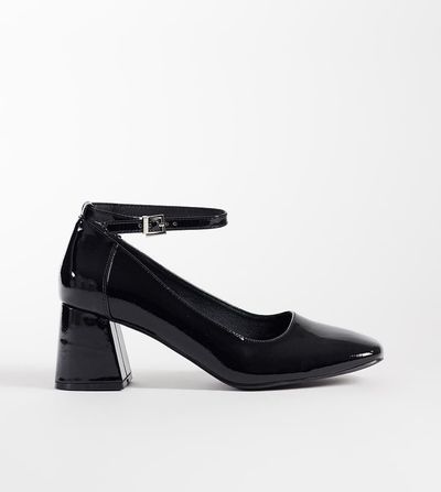 London Rebel Wide Fit London Rebel Wide Fit Hettie mid-height block heeled shoes in patent black