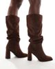 London Rebel Wide Fit London Rebel Wide Fit Maggie slouchy block heel boots in choc micro-Brown - 1