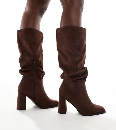 London Rebel Wide Fit London Rebel Wide Fit Maggie slouchy block heel boots in choc micro-Brown