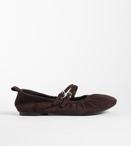 London Rebel Wide Fit London Rebel Wide Fit Mia faux suede strappy ruched ballet flats in chocolate-Brown