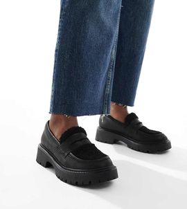 London Rebel Wide Fit London Rebel Wide Fit Olivia contrast teddy fur chunky loafers in black