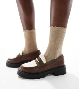 London Rebel Wide Fit London Rebel Wide Fit Olivia contrast teddy fur chunky loafers in brown