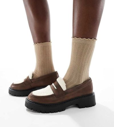 London Rebel Wide Fit London Rebel Wide Fit Olivia contrast teddy fur chunky loafers in brown