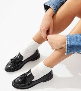 London Rebel Wide Fit London Rebel Wide Fit Sadie ruched detailing tassel loafers in patent black