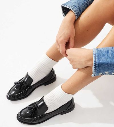 London Rebel Wide Fit London Rebel Wide Fit Sadie ruched detailing tassel loafers in patent black