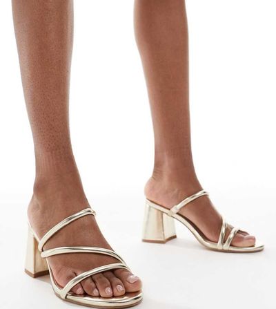 London Rebel Wide Fit London Rebel Wide Fit strappy block heeled slip on sandals in gold