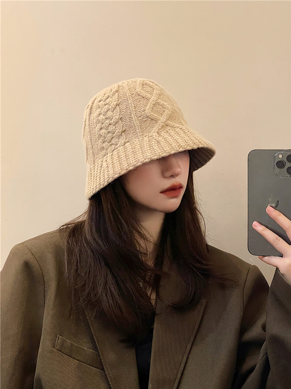 LOOKING4U Knit Cable Bucket Hat Beige