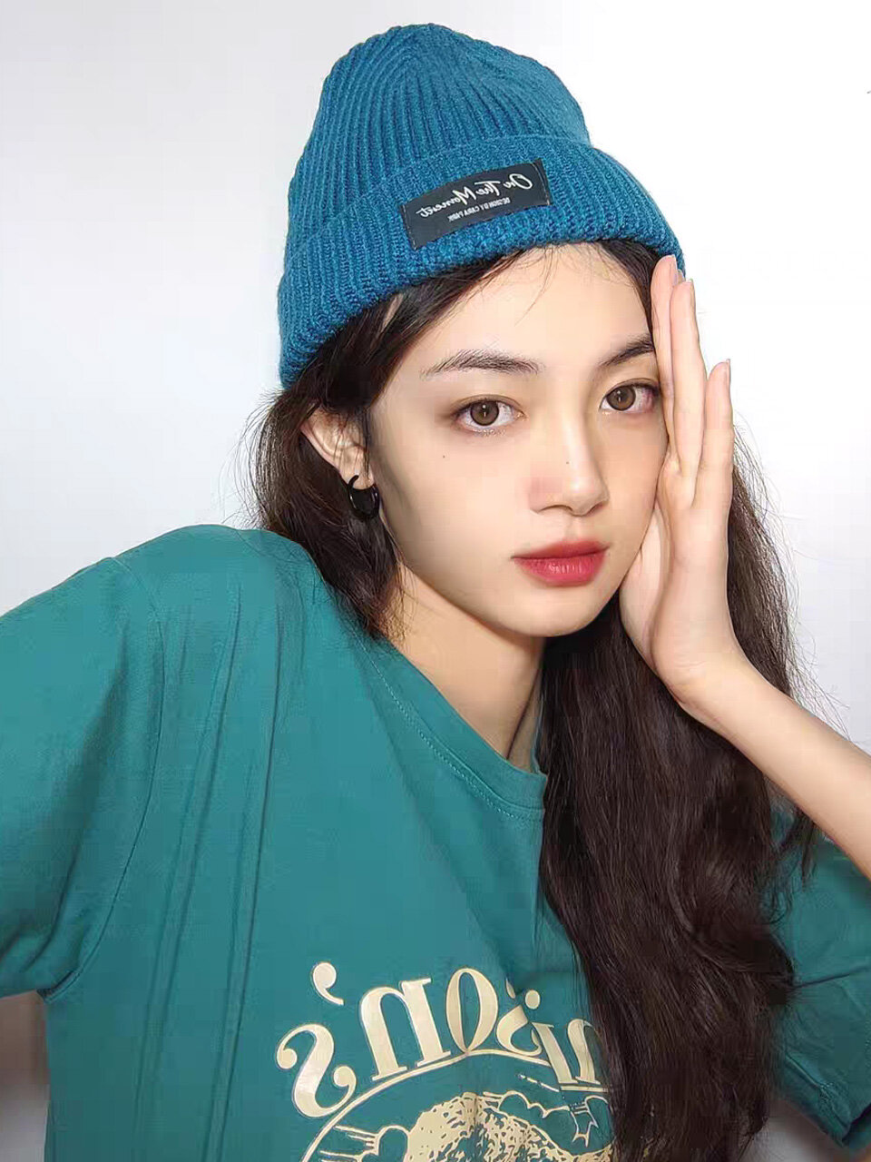 LOOKING4U On The Moment Lettering Beanie C4 Greenblue