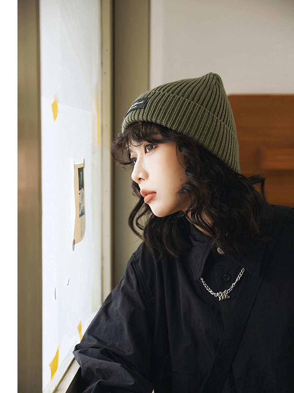 LOOKING4U On the Moment Lettering Beanie Khaki