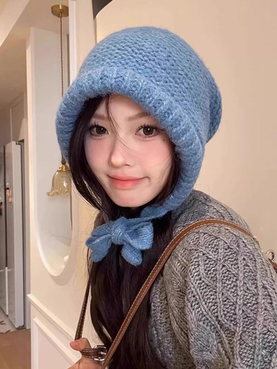 LOOKING4U plain two-way knit bonnet blue