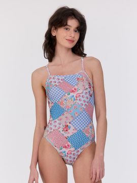 LOOPLOOP Bohemian Patchwork V-back One-piece Swimsuit [Sky Blue]