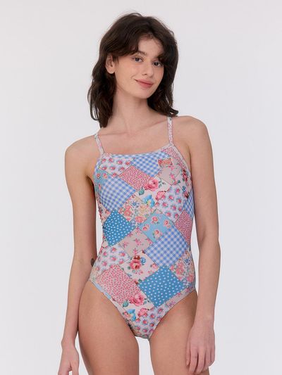 LOOPLOOP Bohemian Patchwork V-back One-piece Swimsuit [Sky Blue]