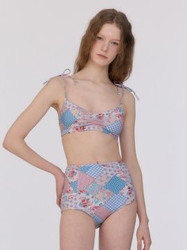 LOOPLOOP Shirred Reversible Bikini Top [Bohemian Patchwork Sky Blue]