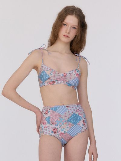 LOOPLOOP Shirred Reversible Bikini Top [Bohemian Patchwork Sky Blue]