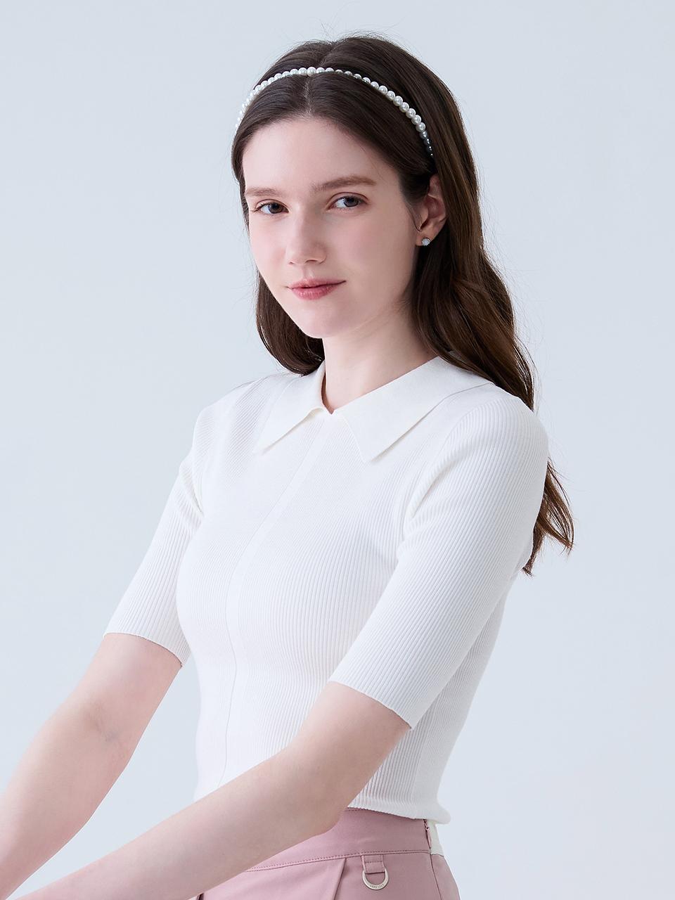 LORDLOAR Back Slit Collar 7/8 Sleeve Knit Golf (LESKP33WH) [WHITE]