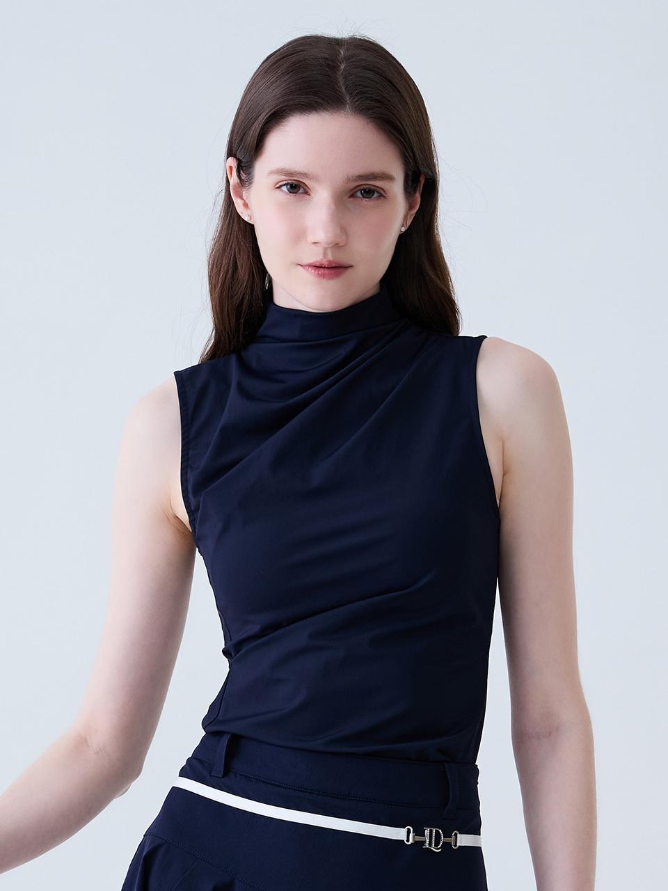 LORDLOAR Cool Slim Shirring Mock Neck Sleeveless T-shirt (LESTL01NA) [NAVY]