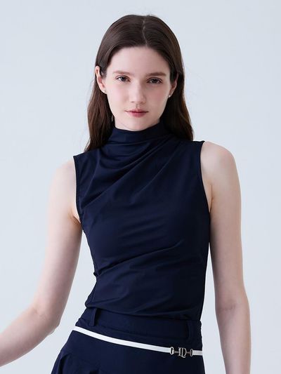 LORDLOAR Cool Slim Shirring Mock Neck Sleeveless T-shirt (LESTL01NA) [NAVY]