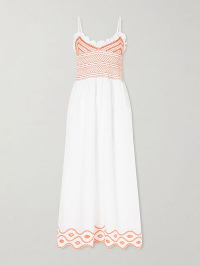 LORETTA CAPONI Bianca ruffled emrboidered shirred cotton-poplin midi dress
