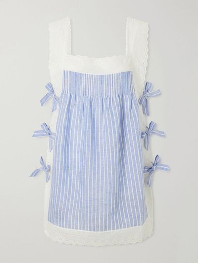 LORETTA CAPONI Fiocchini bow-embellished striped broderie anglaise-trimmed linen mini dress