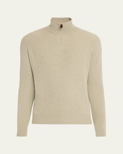 Loro Piana Men's Plane Tree Baby Cashmere Ribbed Half-Zip Sweater
