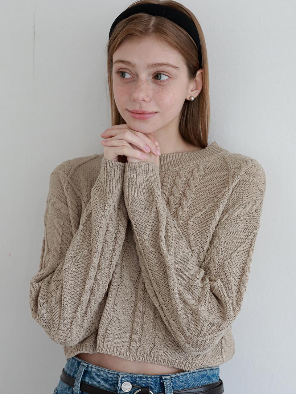 LOSSYROW Cable Crop Round Knit Beige