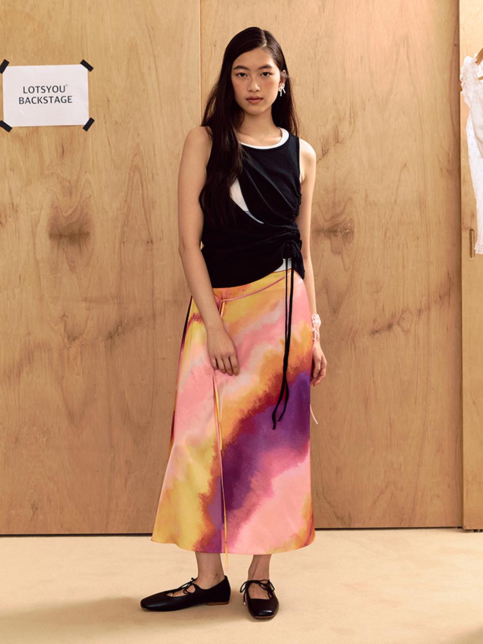 LOTS YOU lotsyou Rainbow Set Satin Skirt [Orange]