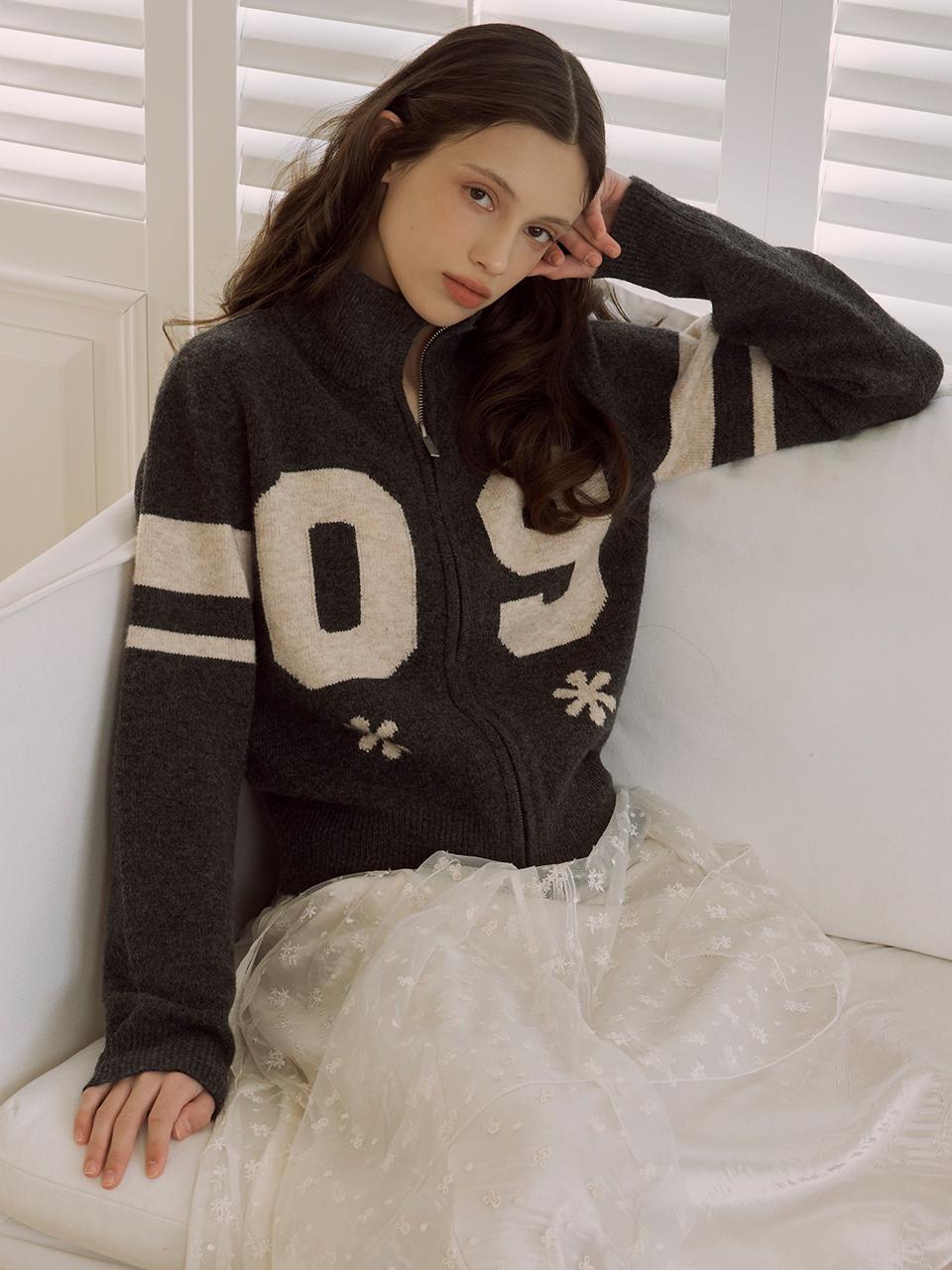 LOTS YOU lotsyou Varsity Knit Zip-up Cardigan [Charcoal]