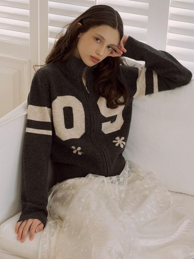 LOTS YOU lotsyou Varsity Knit Zip-up Cardigan [Charcoal]