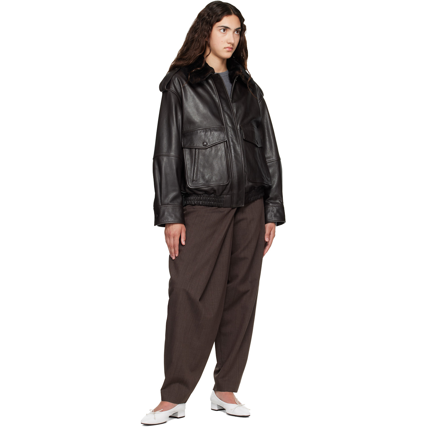 Loulou de Saison - Brown RUSSO Leather Bomber Jacket