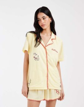 Loungeable Loungeable Bellisimo woven revere top and shorts pajama set in lemon-Yellow