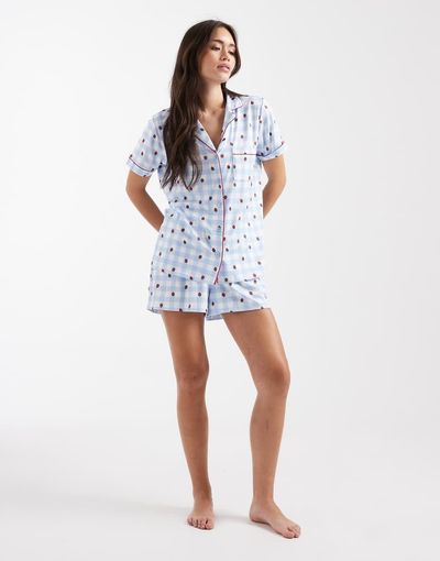 Loungeable Loungeable blue plaid supersoft jersey short sleeve shirt & shorts pajama set in strawberry print-Multi