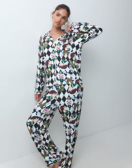 Loungeable Loungeable Christmas rever button up shirt and trouser pyjama set in mono nutcracker check-MULTI